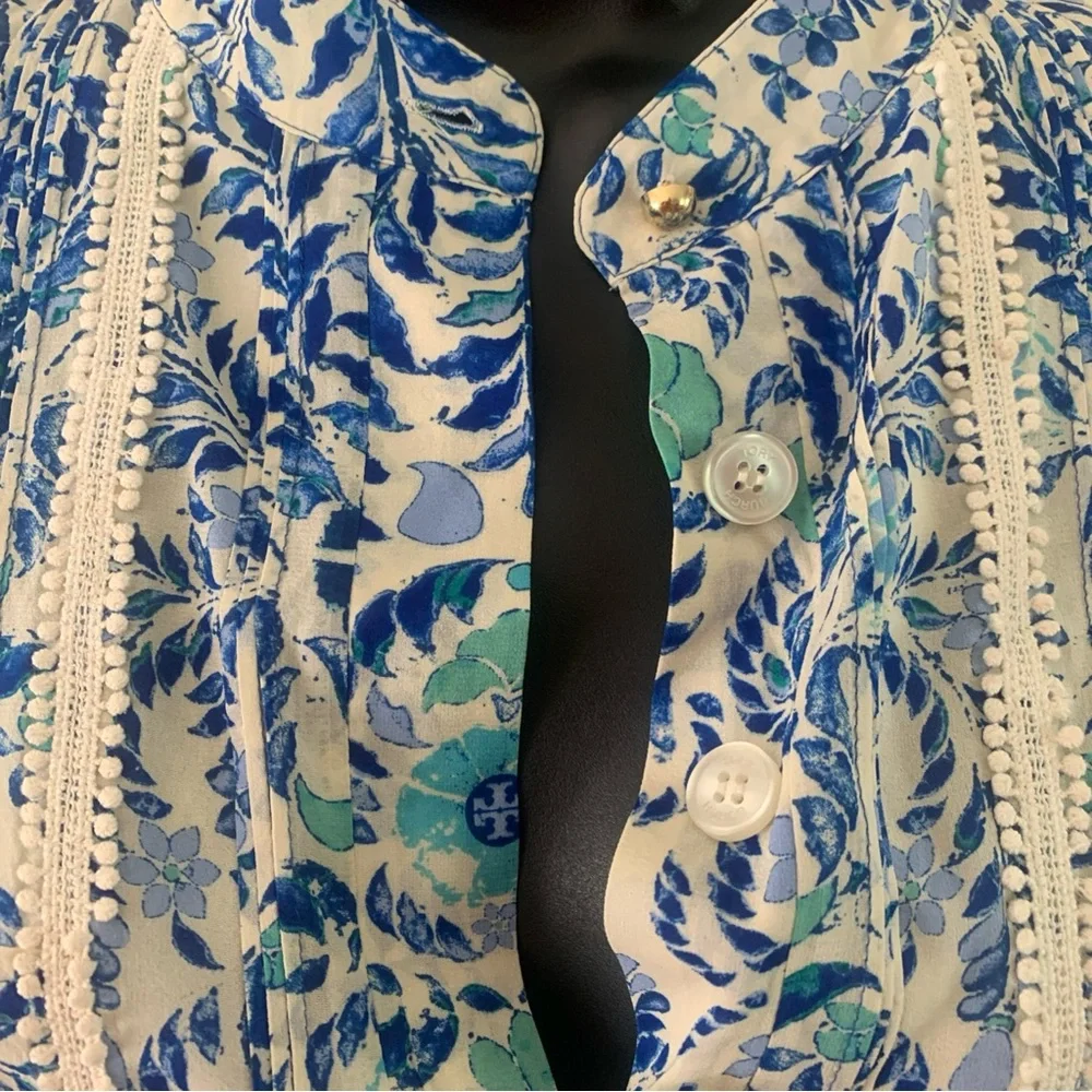 Tory Burch Top Size 2 Silk Floral Print Pompom Trim Button Up Blouse Blue White